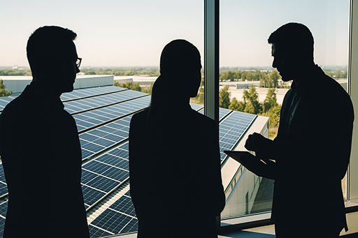 Sales team silhouettes overlooking solar rooftops, illustrating common Solar C&I sales mistakes in decision-making workflows.
