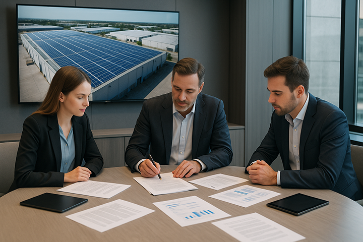 Three professionals in a modern boardroom reviewing a Corporate PPA contract with a solar rooftop power plant displayed on a screen, symbolizing collaboration and trust in renewable energy negotiations.