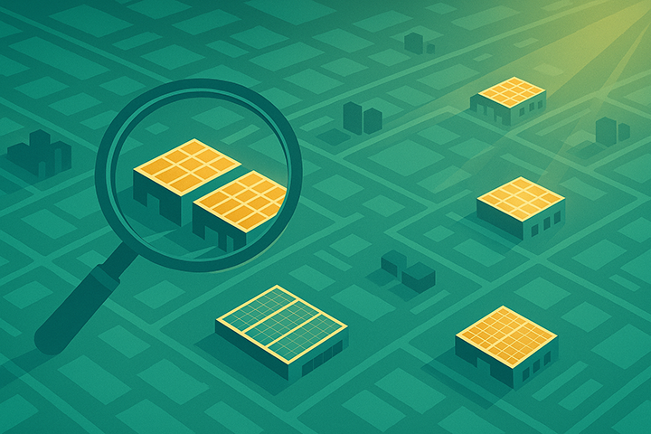 Abstract illustration of a city map showing building rooftops, some glowing in yellow to represent identified solar opportunities, symbolizing how to find solar customers using geospatial AI.