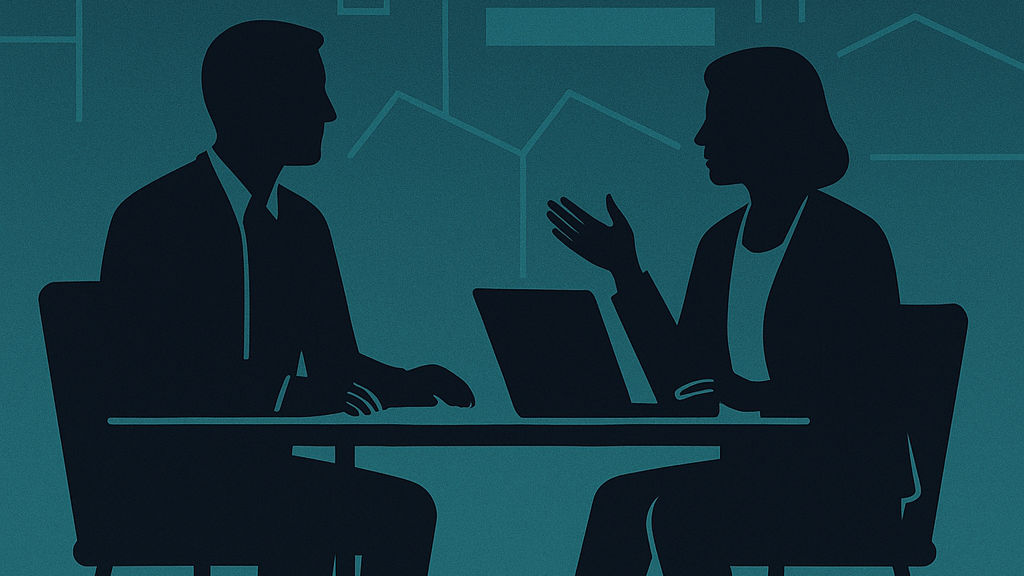 Two professionals in discussion across a table, symbolizing a solar sales meeting and the importance of recognizing red flags in corporate buyer behavior.