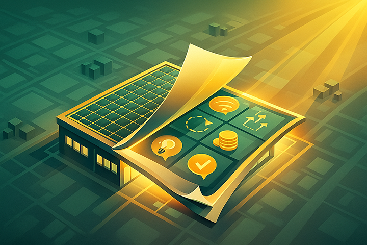 Isometric illustration of a commercial rooftop with a peeled-back solar layer revealing key insights icons, symbolizing diagnosing client needs in the first meeting of solar development.