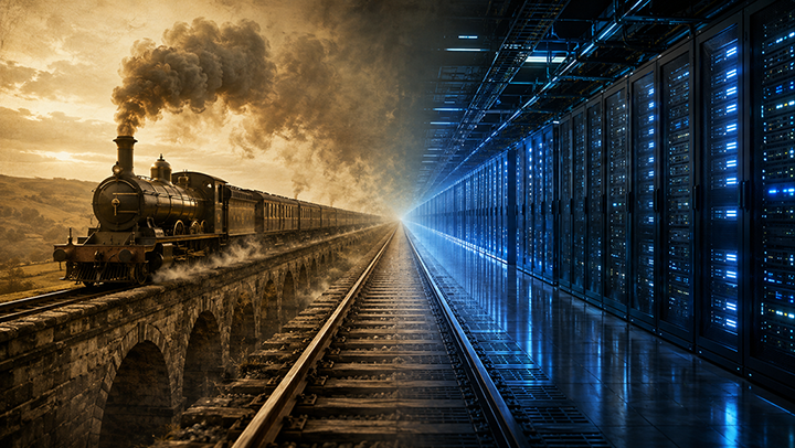 Vintage steam railway merging into a modern AI data center server aisle, illustrating the AI data centers